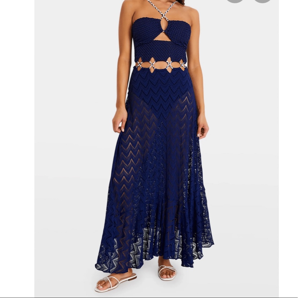PatBo Cutout textured Jersey and open knit maxi dress in indigo NEW COLLECTION